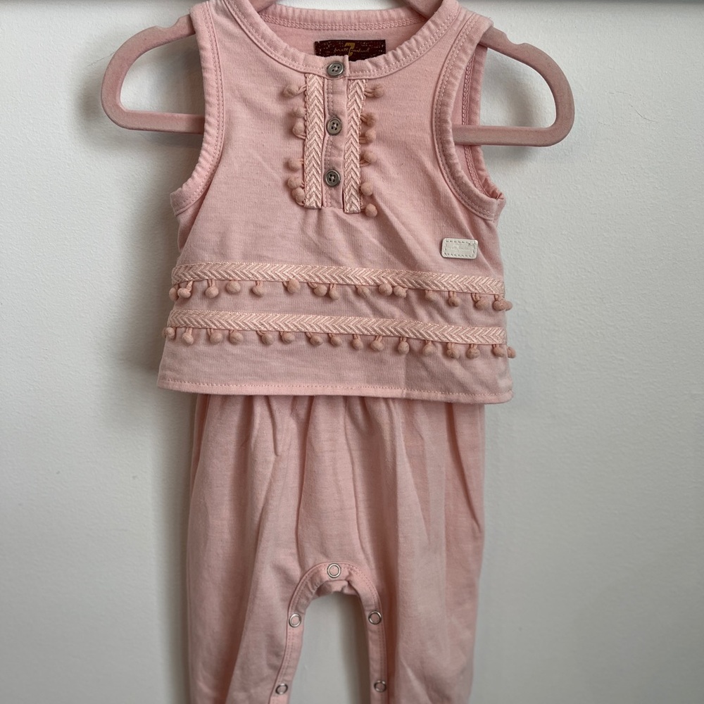 7 For All Mankind Pink Baby Girl Romper Pom Pom 3/6M